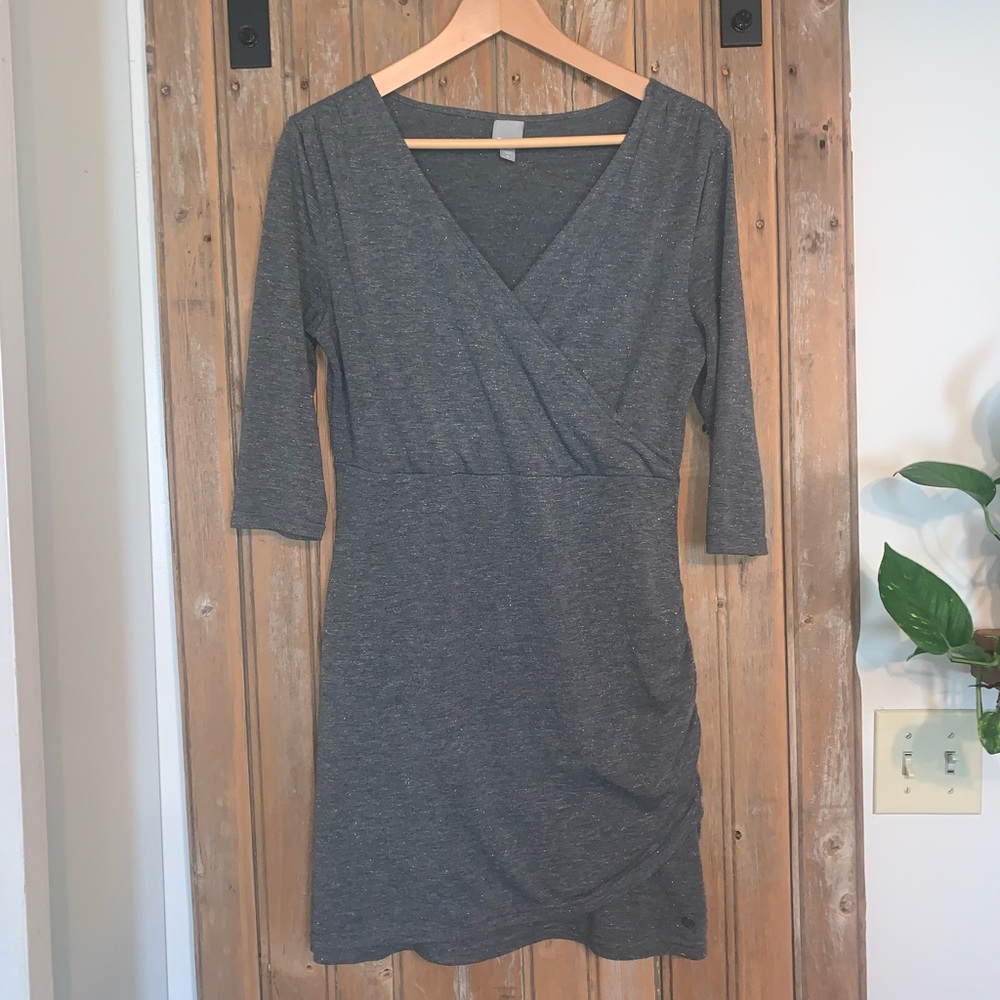 Bench Gray Sparkle Ruched Wrap Dress 3/4 Sleeve